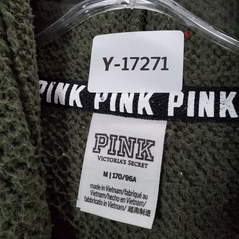 Pink Victorias Secret Men Sweatshirt Medium Olive Sherpa Hoodie 1/4 Zip Logo - Picture 2 of 9
